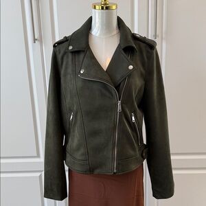 Loft Women's Olive Faux Suede Moto Jacket - Classic Asymmetric Zip